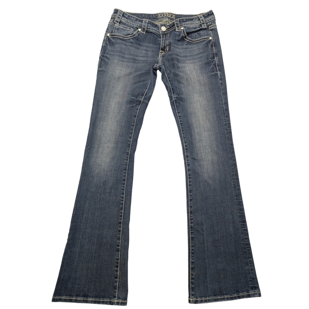 Rock & Roll Cowgirl Bootcut Jeans Women(32X33) Dark Wash‎ Blue Embroidered